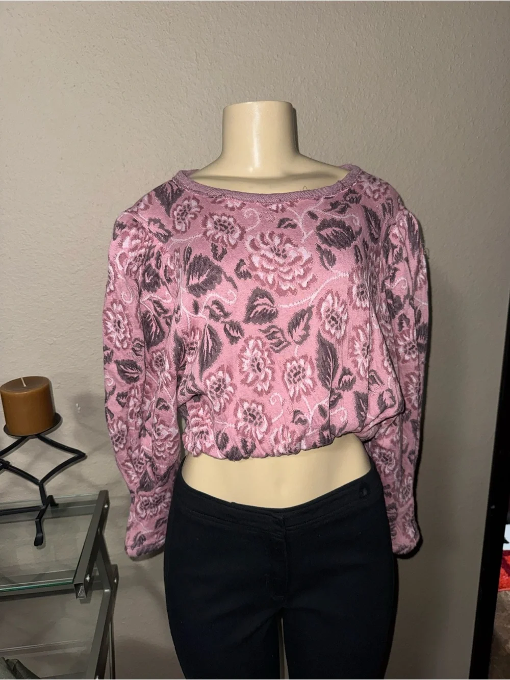 🌸Beautiful Free People Pink Floral Cropped Long-Sleeve Top